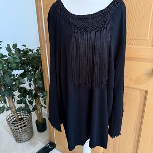 Catherines 1X Pretty Black Loose Fitting Lightweight Top Fringe & Crocheted Neck